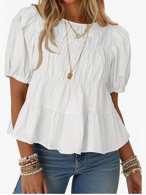 Women's ivory Puff Sleeve Peplum Blouse - Relaxed Tiered Top M